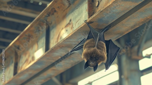 Structural details of a modern industrial building with a realistic bat hanging upside down from a beam. photo