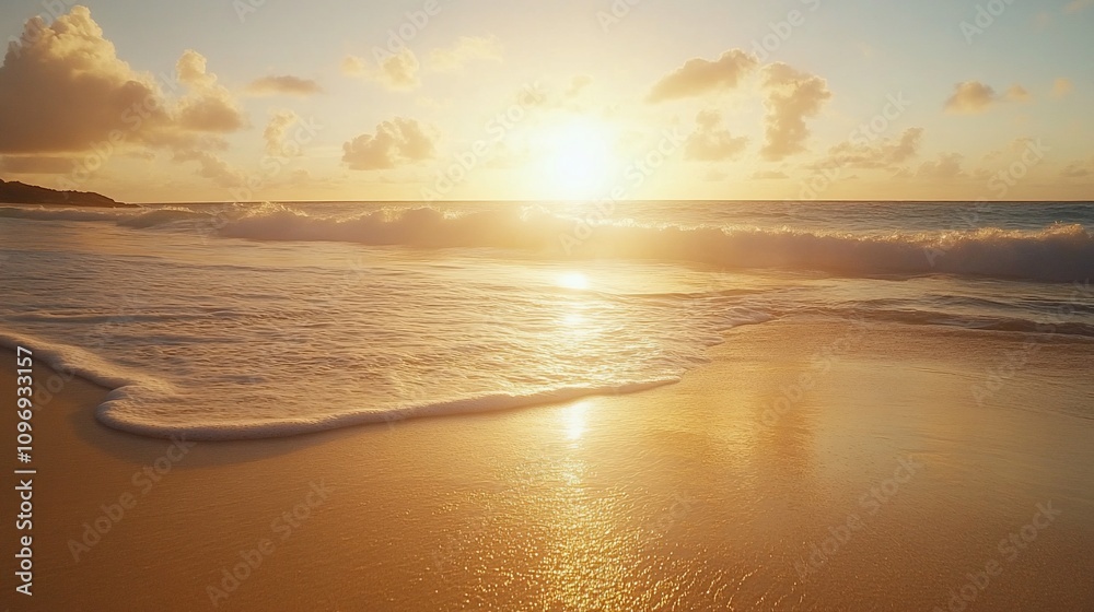 Golden sunset over ocean waves on sandy beach. (1) Golden sunset over ocean waves on sandy beach. (1)