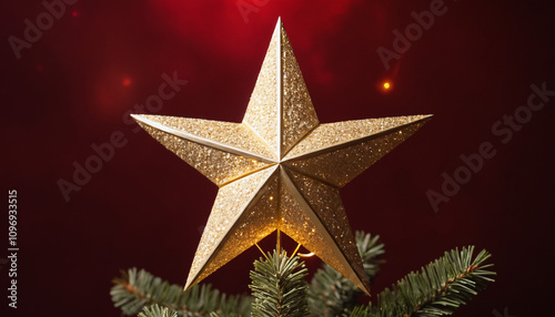 A shining golden star tree topper glowing softly, positioned on the right, surrounded by faint glowing light trails against a deep red background