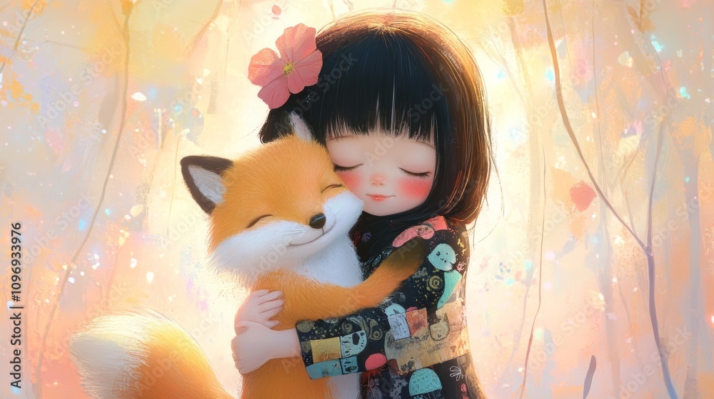 Illustration of little cute girl hug her pet Illustration of little cute girl hug her pet
