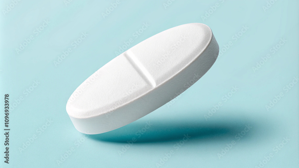 Single White Scored Tablet on Blue Background Single White Scored Tablet on Blue Background