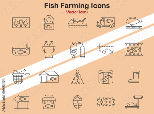 Icons representing fish farming and aquaculture themes in vector style