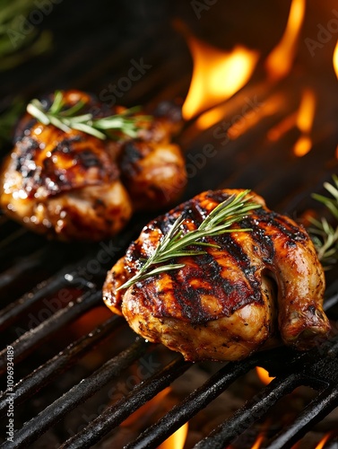 Grilled Cornish Hens with Rosemary - Delicious grilled Cornish hens, seasoned with rosemary, sizzling on a hot barbeque.  Perfect summer meal, flavorful, juicy. photo