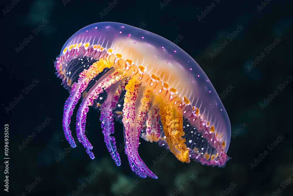 Naklejka premium Beautiful jellyfish, glowing in the dark ocean with multiple colors of purple, pink, yellow, and orange.