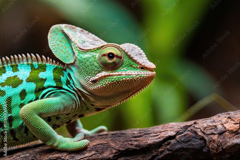 Closeup of a Vivid Forest Green Chameleon in Wildlife Closeup of a Vivid Forest Green Chameleon in Wildlife