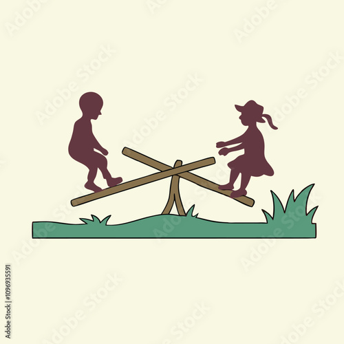 a minimalist vector silhouette of two children playing on a seesaw