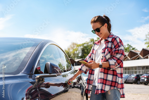 Caucasian woman in casual outfit unlocking rental car using her smart phone and mobile app outdoors in summer.