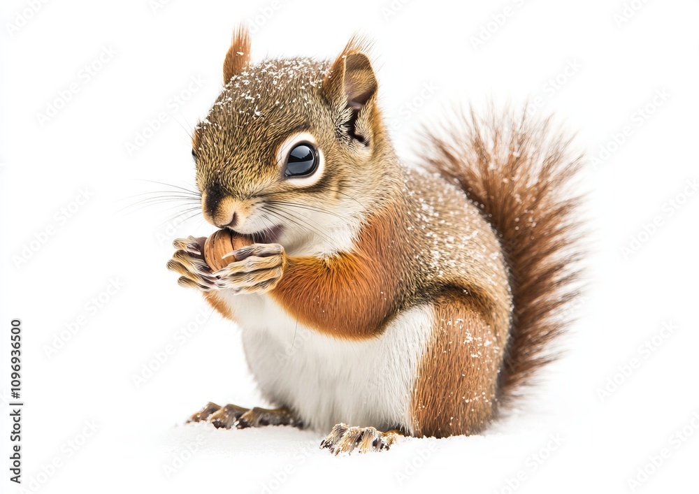 Red Squirrel Eating Nut in Snow, Cute Winter Wildlife Photography. AI generated illustration Red Squirrel Eating Nut in Snow, Cute Winter Wildlife Photography. AI generated illustration