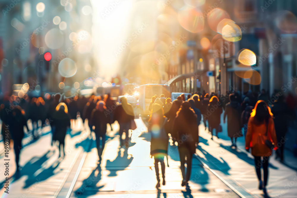 Busy city street with people walking and a bright sun shining. The scene is lively and bustling with activity Busy city street with people walking and a bright sun shining. The scene is lively and bustling with activity
