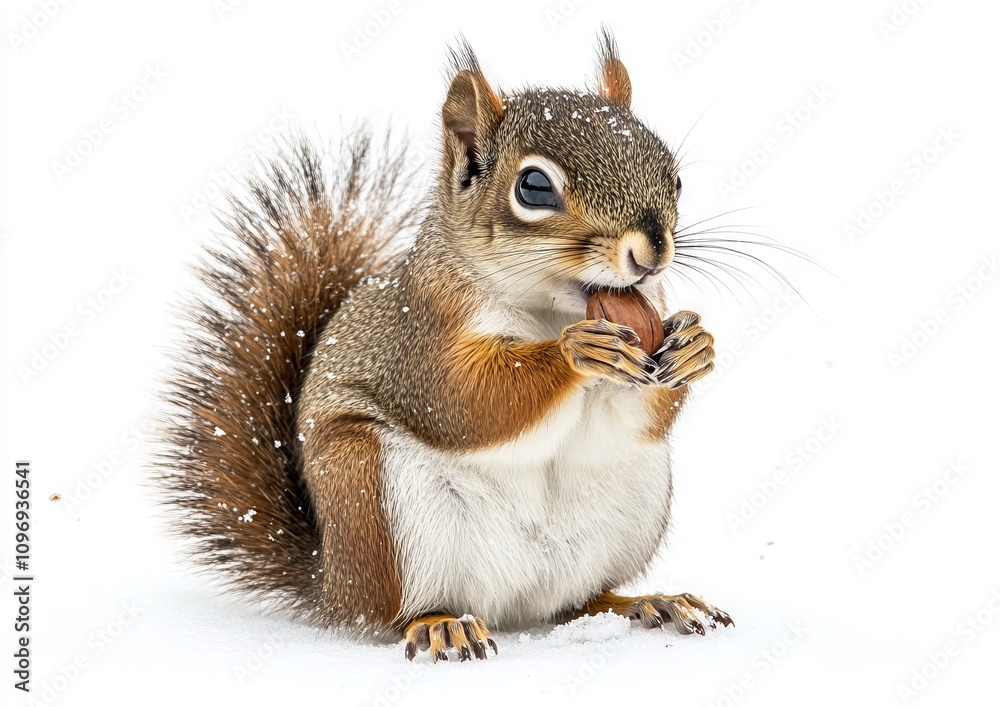 Red Squirrel Eating Nut in Snow, Cute Winter Wildlife Photography. AI generated illustration Red Squirrel Eating Nut in Snow, Cute Winter Wildlife Photography. AI generated illustration