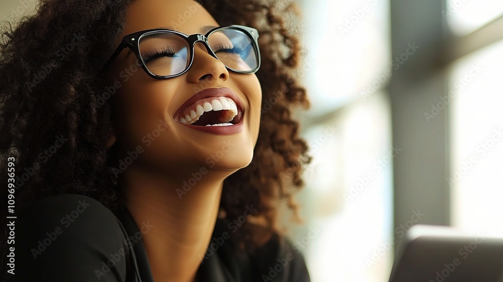 Young Happy Businesswoman Smiling with Glasses in Bright Office Young Happy Businesswoman Smiling with Glasses in Bright Office