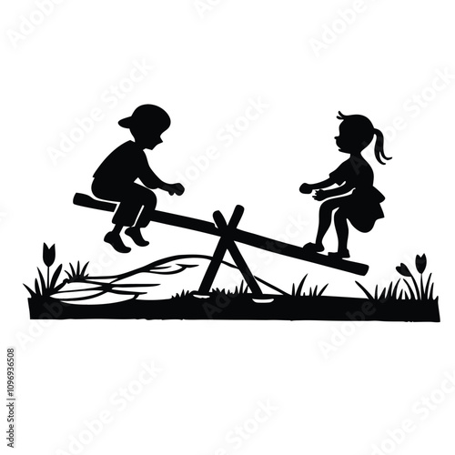 a minimalist vector silhouette of two children playing on a seesaw