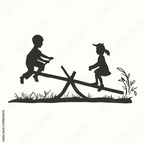 a minimalist vector silhouette of two children playing on a seesaw