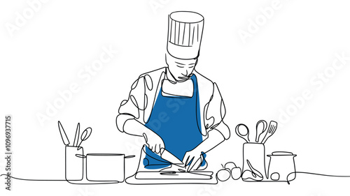 continuous line drawing of chef prepares food in the kitchen, isolated white background