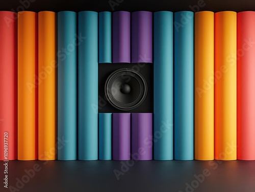 voice and tone concept. Acoustic tone refinement setup, glowing resonance panels around a speaker, 3D illustration photo