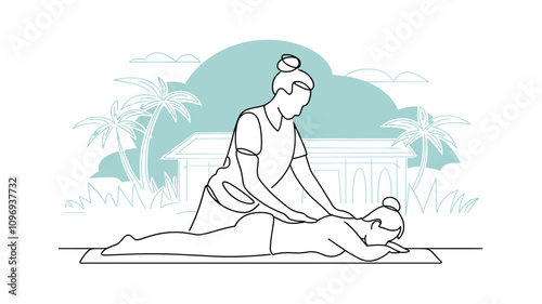 Continuous one Line Art Thai Massage, vector illustration