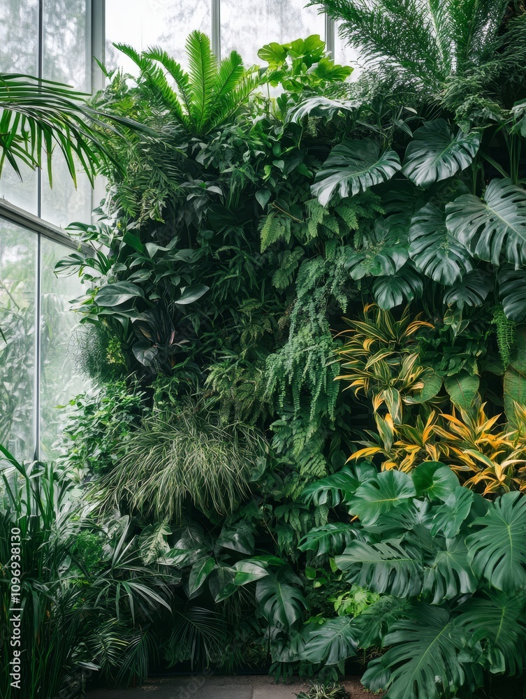 Lush Vertical Garden Wall in Greenhouse - Vibrant, green, tropical plants, natural, indoor garden, botanical beauty. Lush Vertical Garden Wall in Greenhouse - Vibrant, green, tropical plants, natural, indoor garden, botanical beauty.