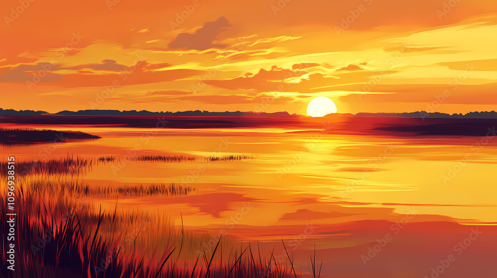 Obraz premium Vibrant sunset over serene coastal marshlands golden sky reflections water, landscape, wetland, scenic, nature, horizon, twilight, evening, view, light. Golden Sunset Reflections. Illustration