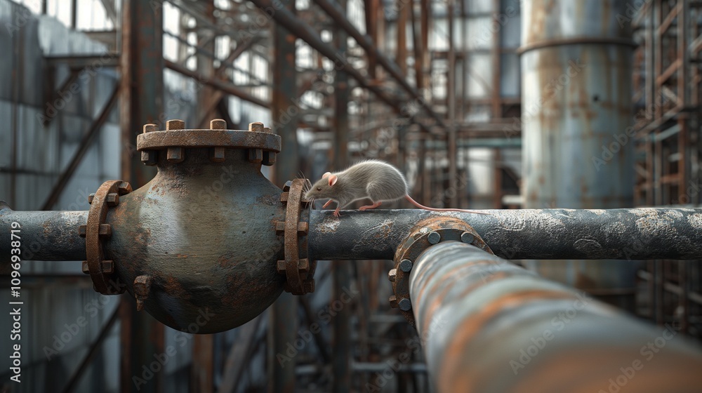 Structural details of a modern industrial building with a realistic mouse scurrying along a pipe. Structural details of a modern industrial building with a realistic mouse scurrying along a pipe.