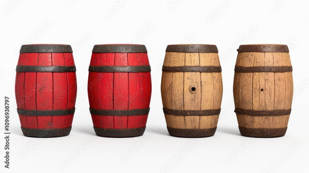 Five rustic wooden barrels of varying sizes create a charming and timeless display against a clean white backdrop Five rustic wooden barrels of varying sizes create a charming and timeless display against a clean white backdrop