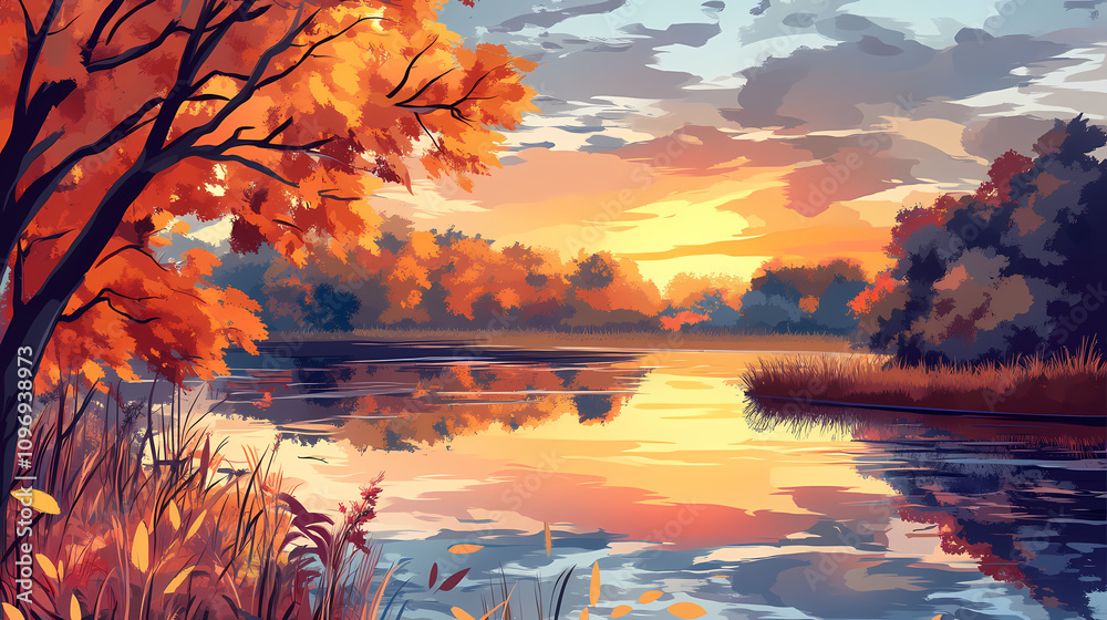 Peaceful autumn background with a river, colorful reflections, and a golden sunset. Golden Sunset Reflections. Illustration Peaceful autumn background with a river, colorful reflections, and a golden sunset. Golden Sunset Reflections. Illustration