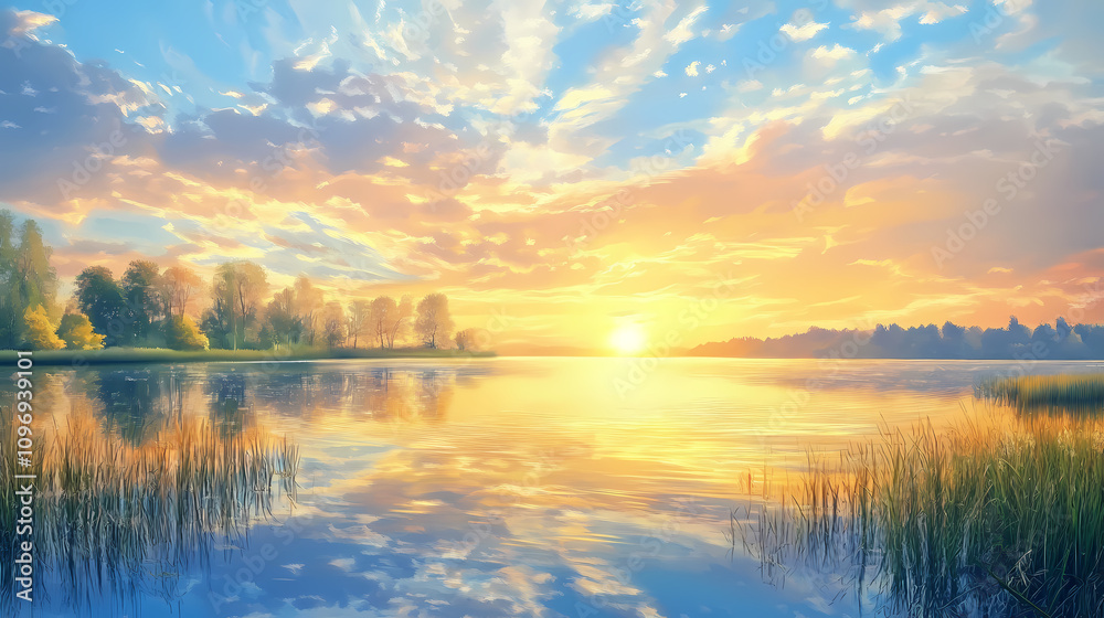 Oil painting depicting a lakeside sunset with natural landscapes featuring reflections a blue sky and warm golden sunlight. Golden Sunset Reflections. Illustration Oil painting depicting a lakeside sunset with natural landscapes featuring reflections a blue sky and warm golden sunlight. Golden Sunset Reflections. Illustration