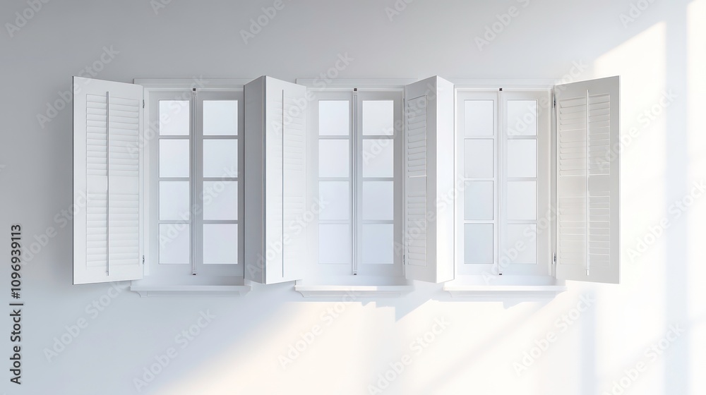 A minimalistic trio of white window shutters, elegantly opened against a clean white wall, showcasing a modern and airy design. A minimalistic trio of white window shutters, elegantly opened against a clean white wall, showcasing a modern and airy design.