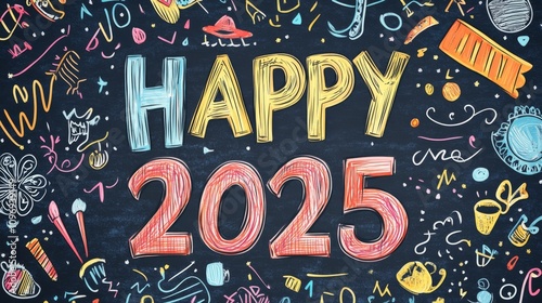 Happy 2025 with Colorful Doodles Celebrating the New Year