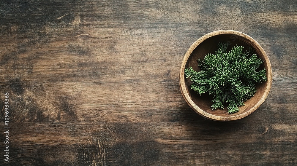 Natural Hinoki Wood Background with Fresh Greenery in Bowl Natural Hinoki Wood Background with Fresh Greenery in Bowl