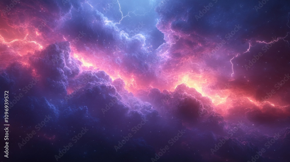 Fiery storm clouds with lightning, dramatic sky in vibrant purple and pink, powerful energy in atmospheric scene, intense cloudscape with bright lightning bolts Fiery storm clouds with lightning, dramatic sky in vibrant purple and pink, powerful energy in atmospheric scene, intense cloudscape with bright lightning bolts