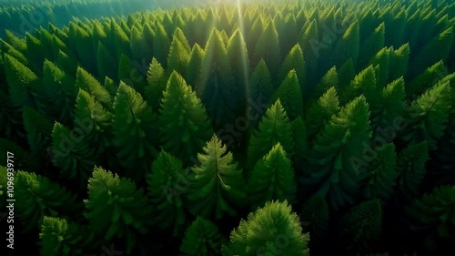 Birds eye view of a healthy green forest, sunlight streaming through photo