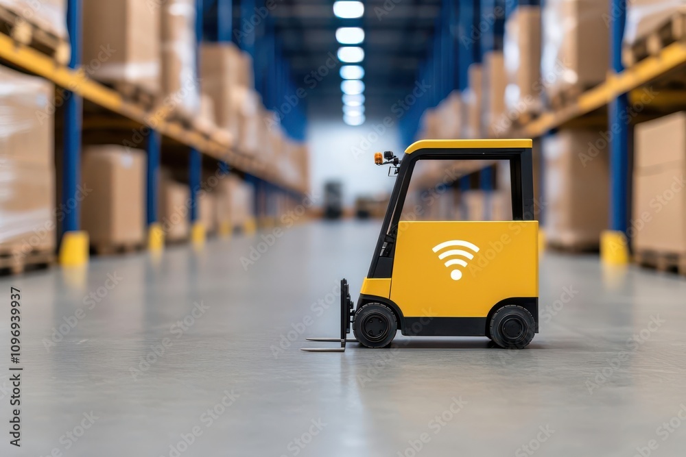 smart inventory concept. A detailed shot of an IoT-connected forklift updating stock locations as it moves pallets in the warehouse smart inventory concept. A detailed shot of an IoT-connected forklift updating stock locations as it moves pallets in the warehouse