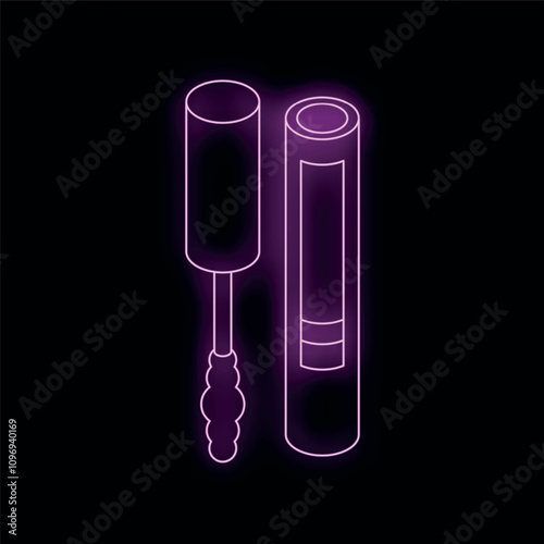 Purple neon sign depicting a mascara brush and tube, glowing brightly against a dark backdrop