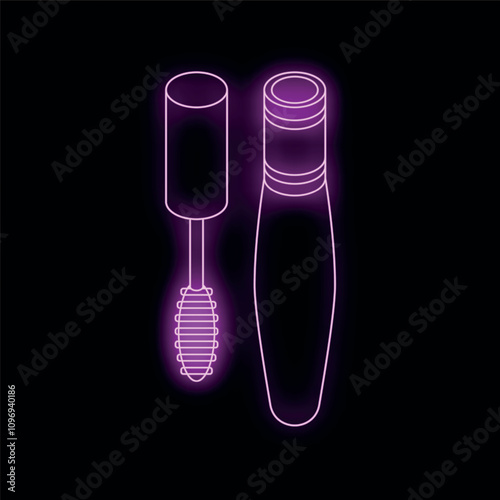 Neon sign depicting an open tube of mascara and the brush, glowing purple on a black background