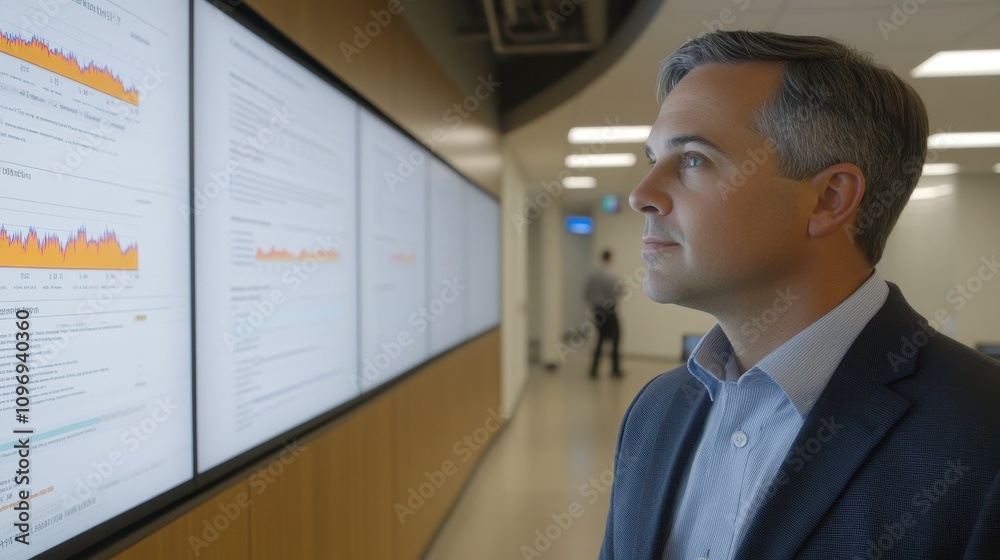 Professional Man Analyzing Data on Digital Screens Professional Man Analyzing Data on Digital Screens