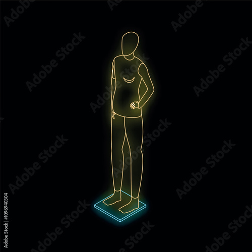 Neon sign representing a young man standing on electronic scales, measuring his weight