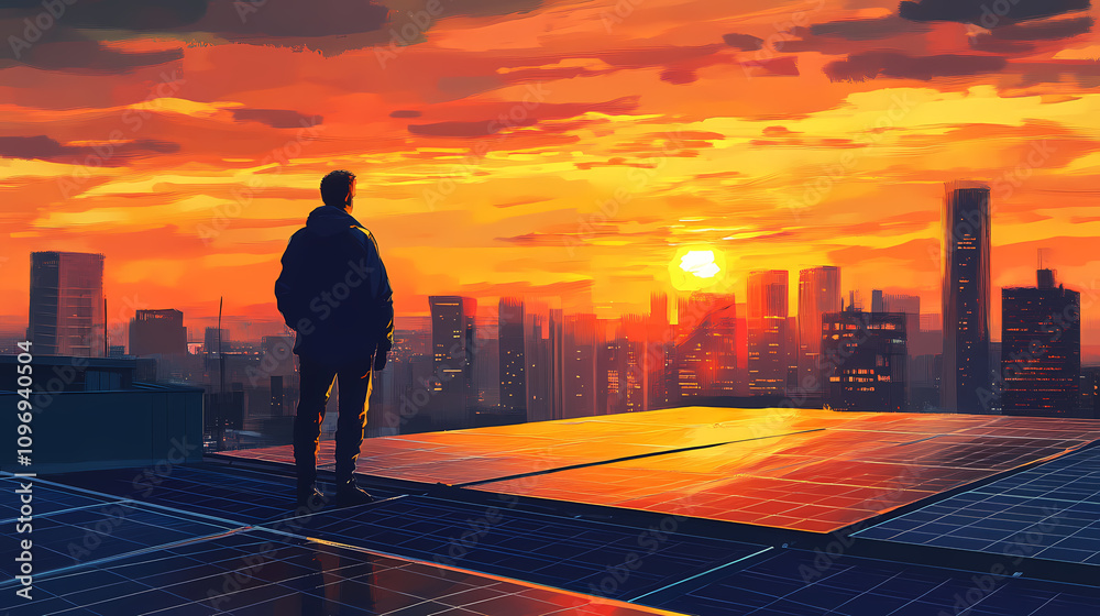 A man stands on a rooftop solar panel field, watching the sunset over a city skyline. Golden Sunset Reflections. Illustration