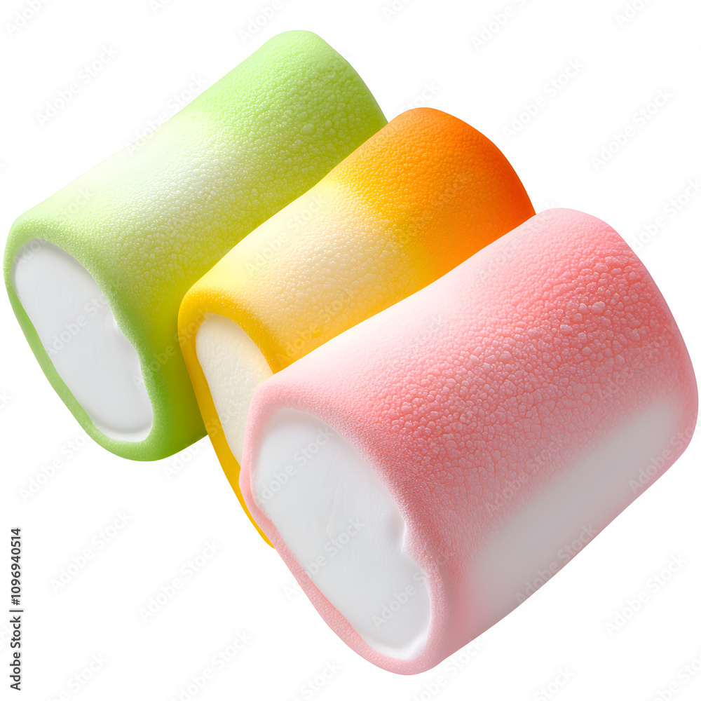 Obraz premium Colorful marshmallow rolls in pastel shades displayed on a white background