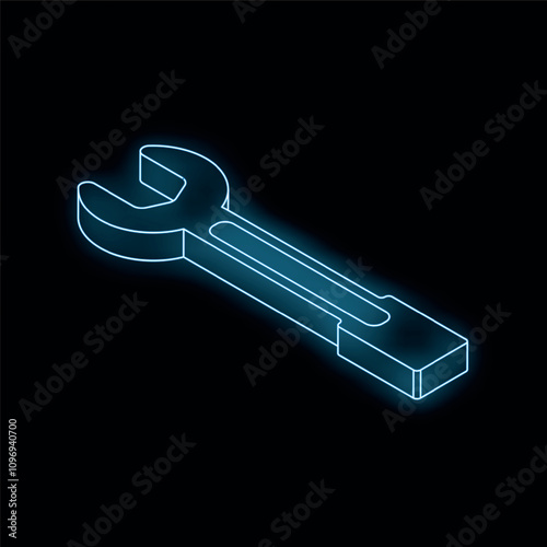 Glowing neon wrench spanner tool fixing repairing isometric 3d render illustration