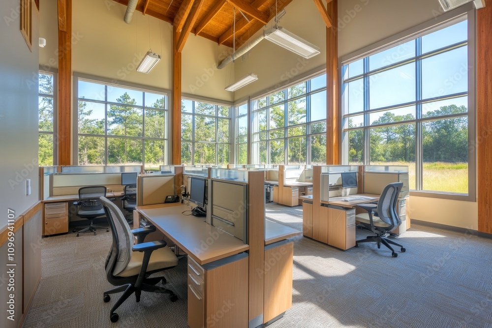 Fototapeta premium Modern Open Office Workspace with Natural Light - Bright, airy office space with cubicles, large windows, and natural light. Modern design, collaboration, productivity, workspace, and efficiency.