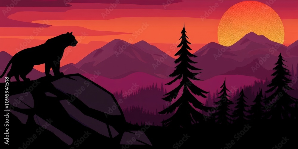 Majestic silhouette of a big cat against a vibrant sunset landscape Majestic silhouette of a big cat against a vibrant sunset landscape