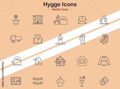 Icons representing hygge and comfort themes in vector style