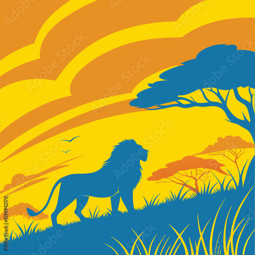 Majestic lion in the savanna during golden hour, powerful and regal. blue and yellow color