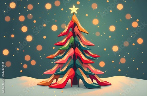A Christmas card. Elegant multi-colored women's high-heeled shoes stand on top of each other in a pyramid forming a Christmas tree. The background is festive blurred with bokeh lights
