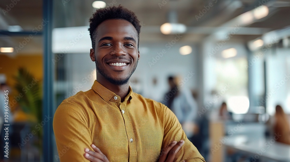Confident and Successful: A portrait of a young professional, radiating confidence and success in a modern workspace. The image captures his genuine smile and positive energy.  
