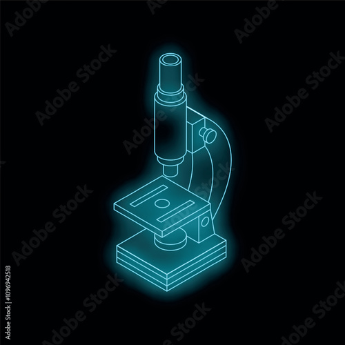 Neon microscope glowing blue on a black background, perfect for scientific or technological designs