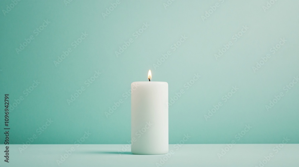White pillar candle with flame on mint green background