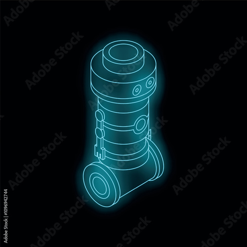 Neon blue robot standing on black background, digital illustration