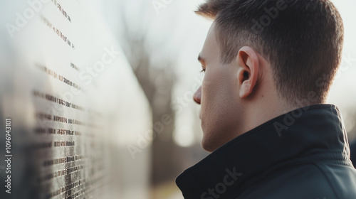 Military Officer Reflecting at Memorial Wall Honoring Fallen Comrades