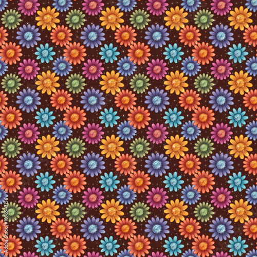 Retro Flower Seamless Pattern with sparkle background in blue orange purple and green or quilt decor